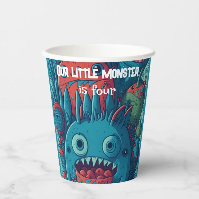 Little monster birthday party blue red paper cups (Front)
