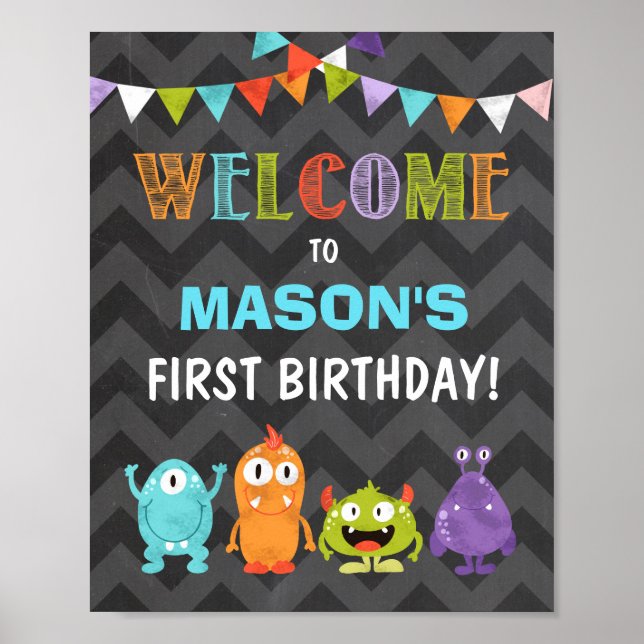 Little Monster birthday Welcome Sign Boy Chalk (Front)
