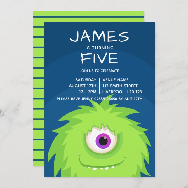 Little Monster Blue Green Invitation (Front/Back)
