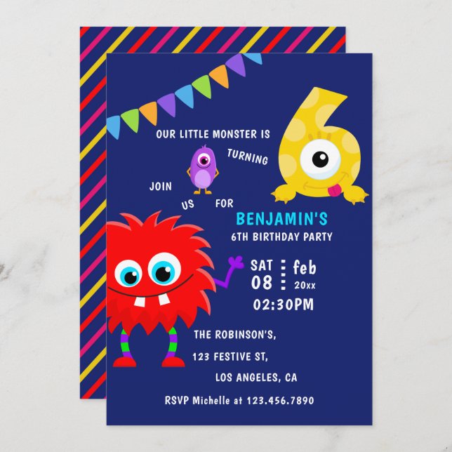 Little Monster Boy 6th Birthday Party Invitation (Front/Back)