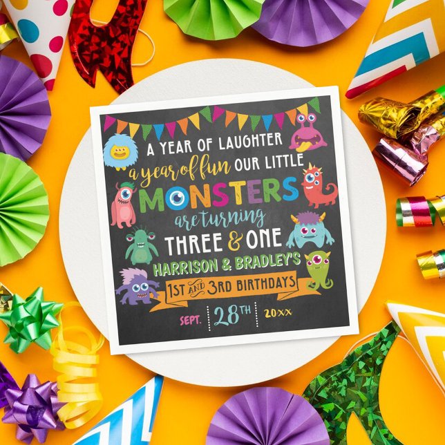 Little Monster Chalkboard 1st & 3rd Joint Birthday Napkin (Creator Uploaded)