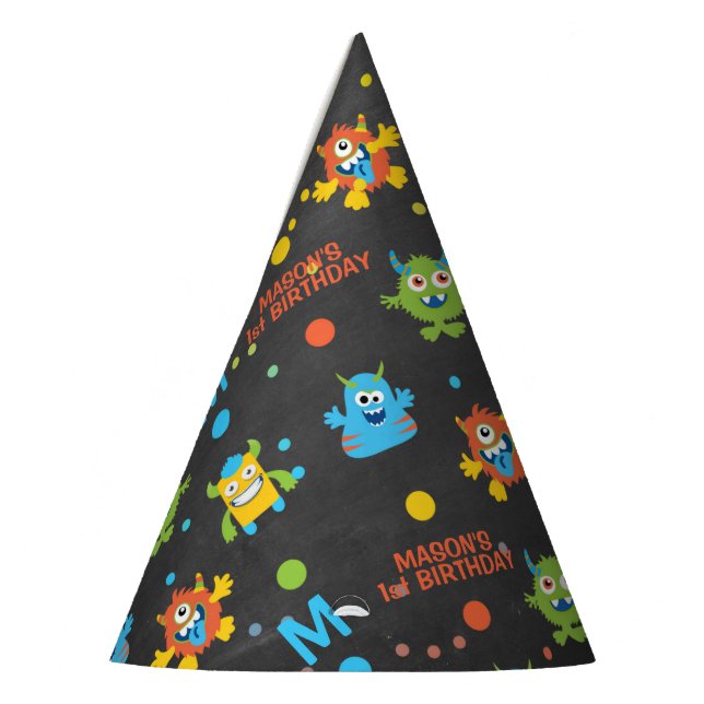 Little Monster chalkboard 1st birthday Party Hat (Left)