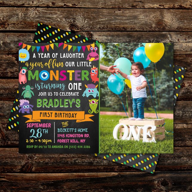Little Monster Chalkboard 1st Birthday Photo Invitation (Creator Uploaded)