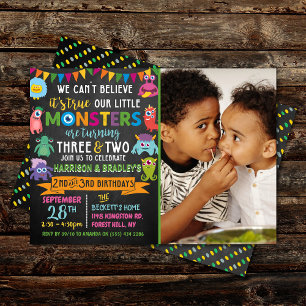 Little Monster Chalkboard 2nd & 3rd Joint Birthday Invitation