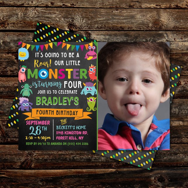 Little Monster Chalkboard 4th Birthday Photo Invitation (Creator Uploaded)