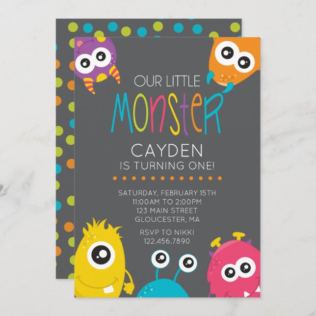 Little Monster First Birthday Party Invite (Front/Back)