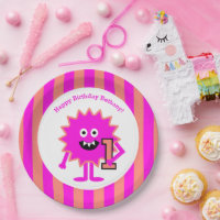 Little Monster Girl 1st Birthday Pink Stripes Cute