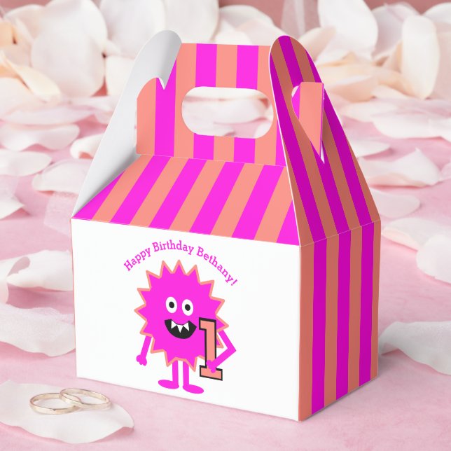 Little Monster Girl Cute 1st Birthday Pink Stripes Favour Box (Wedding)
