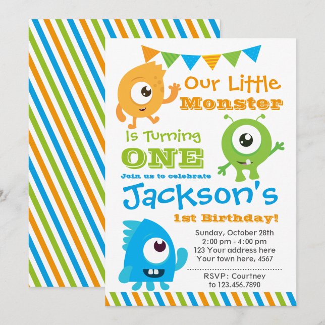 Little Monster Invitation, 1st birthday party Invitation (Front/Back)