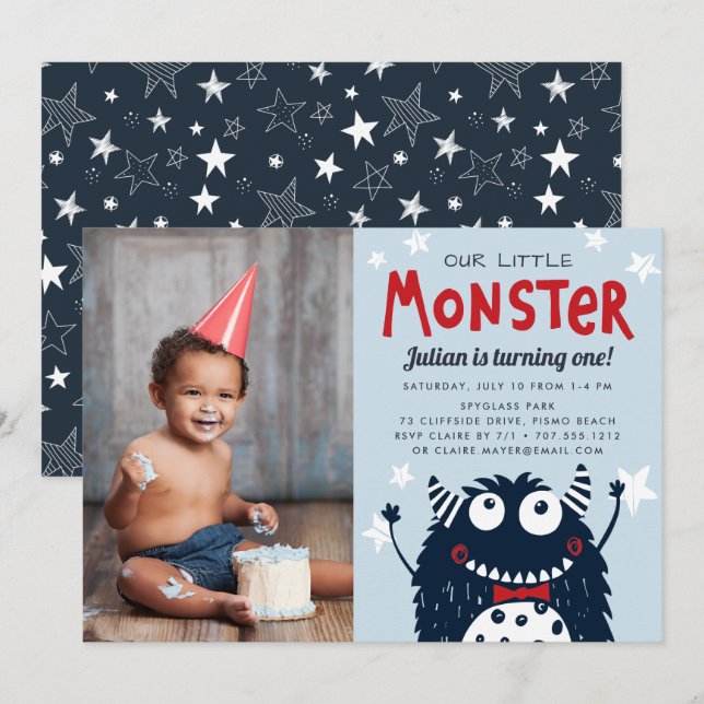 Little Monster Kids Birthday Party Photo Invitation (Front/Back)