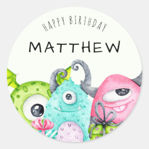 Little Monster Kid's Happy Birthday  Classic Round Sticker