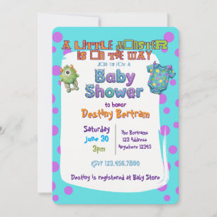 Little Monster on the Way, Blue Purple Baby Shower Invitation
