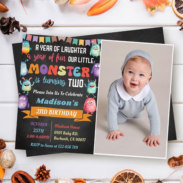  Little Monster Themed 2nd Birthday Party Photo  Invitation (Creator Uploaded)