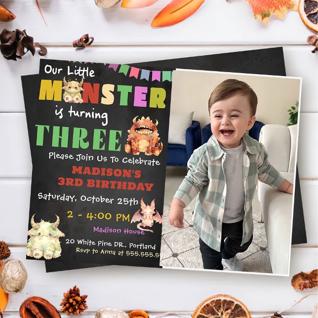  Little Monster Themed 3rd Birthday Party Photo Invitation (Creator Uploaded)