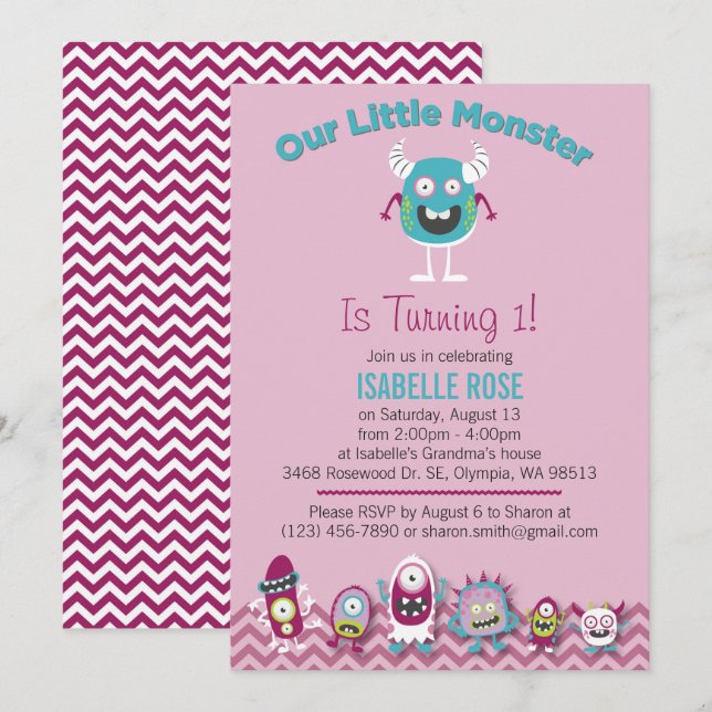 Little Monsters Girl Birthday Party Invitation (Front/Back)