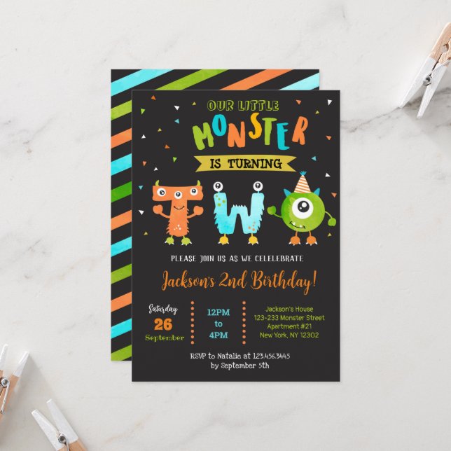 Little Monsterst 2nd Birthday Party Invitations (Front/Back In Situ)