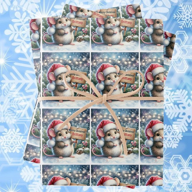 Little Mouse Personalise Name Girl's Christmas Wrapping Paper Sheet (Creator Uploaded)