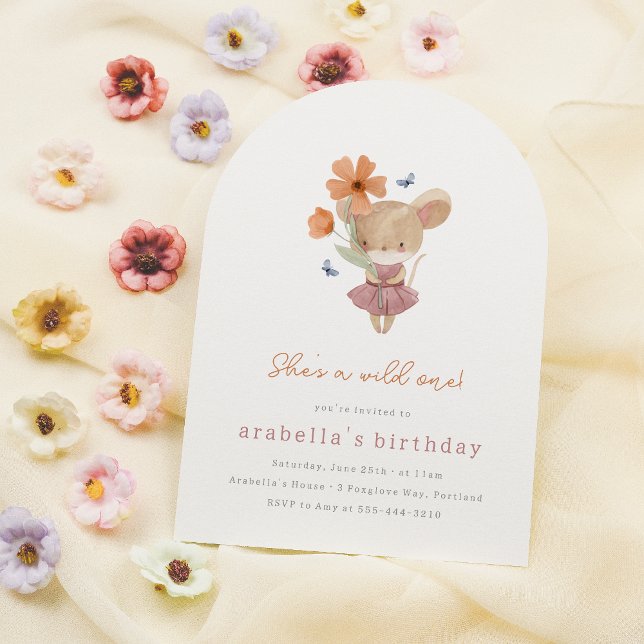 Little Mouse Wild One Boho Wildflower 1st Birthday Invitation (Card Mock-up)