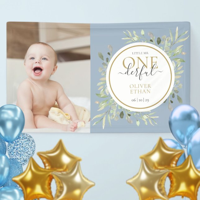 Little Mr ONEderful Blue Boy First Birthday Photo Banner (Little Mr ONEderful Blue Boy First Birthday Photo Banner)