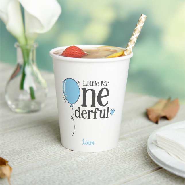 Little Mr Onederful First Birthday Blue Customised Paper Cups (Insitu)