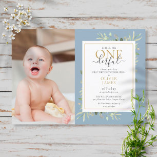 Little Mr ONEderful Photo Blue Boy First Birthday Invitation
