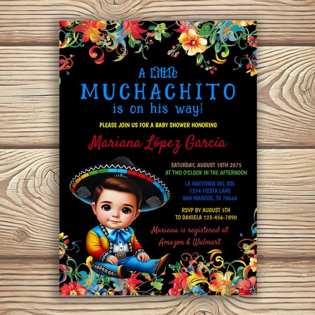 Little Muchachito Charro Fiesta Baby Shower Invitation (Boy festa baby shower invitation with adorable little Muchachito on color floral background. )