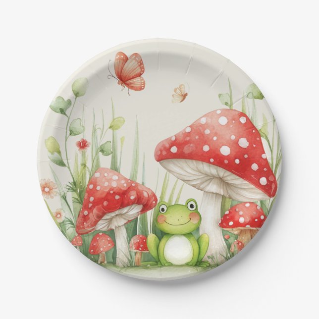 Little Mushroom Toadstool and Frog Baby Shower Paper Plate (Front)