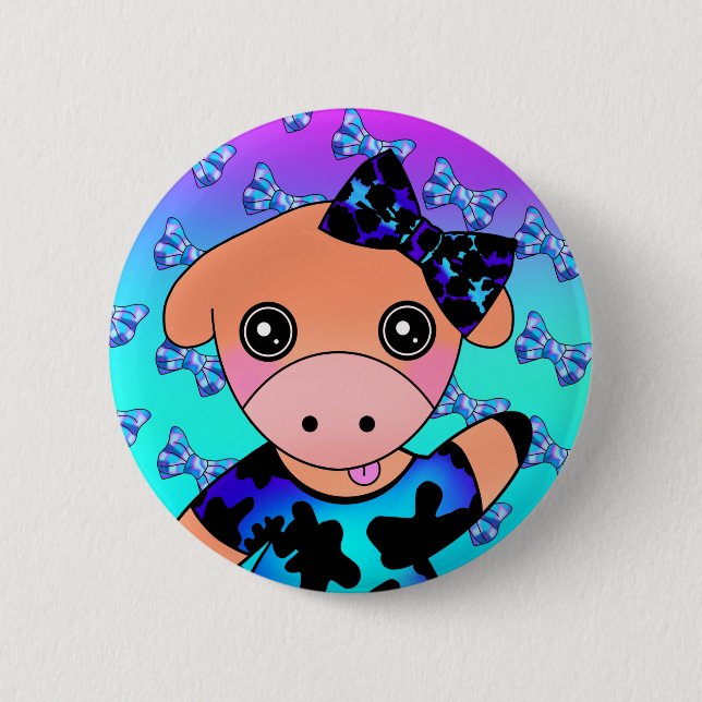 Little Naughty Smiling Cow with Cute Bow 6 Cm Round Badge (Front)