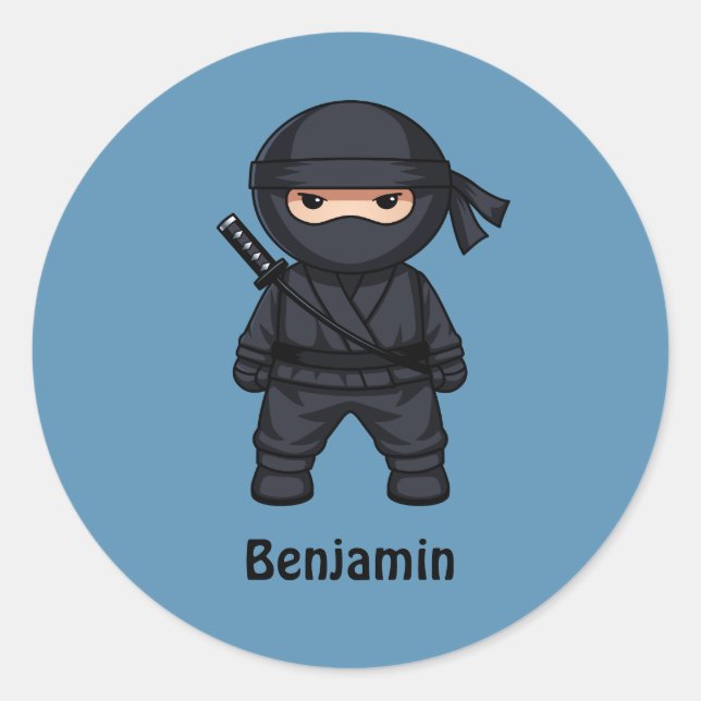 Little Ninja Warrior on Blue Classic Round Sticker (Front)