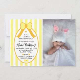 Little One Bow 1st Birthday Photo Invitations