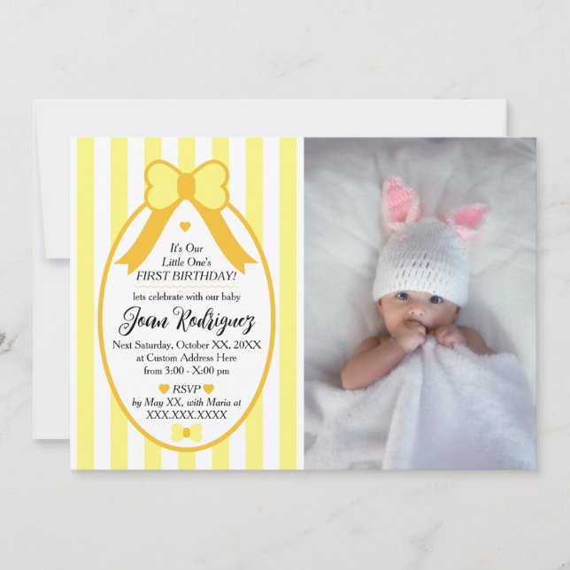 Little One Bow 1st Birthday Photo Invitations (Front)