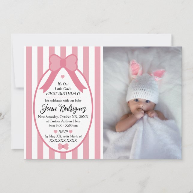 Little One Bow 1st Birthday Photo Invitations (Front)
