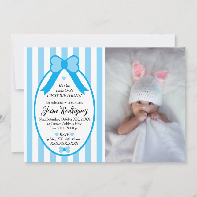 Little One Bow 1st Birthday Photo Invitations (Front)