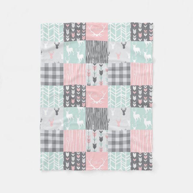 Little One Patchwork Deer - pink, mint and grey Fleece Blanket (Front)