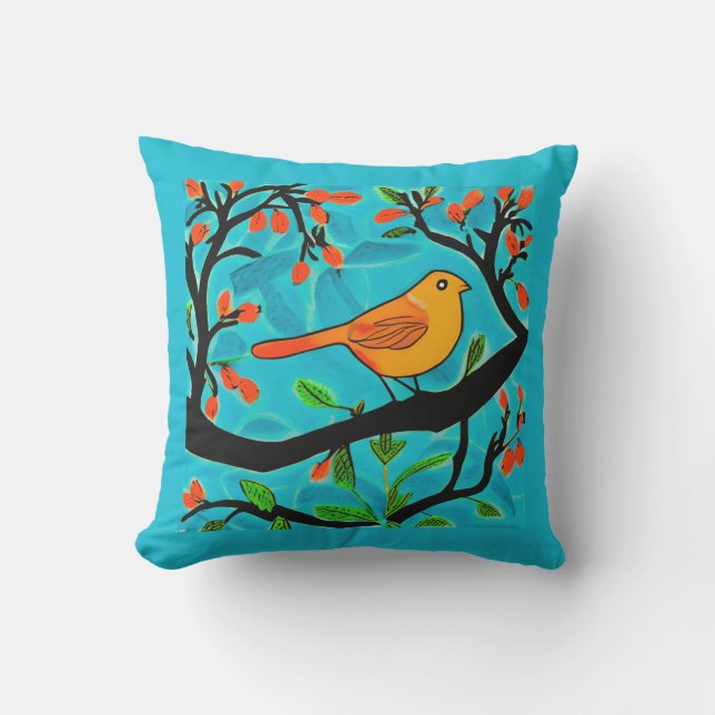 Little Orange Bird on a Flowering Branch Cushion (Front)