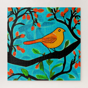 Little Orange Bird on a Flowering Branch Jigsaw Puzzle