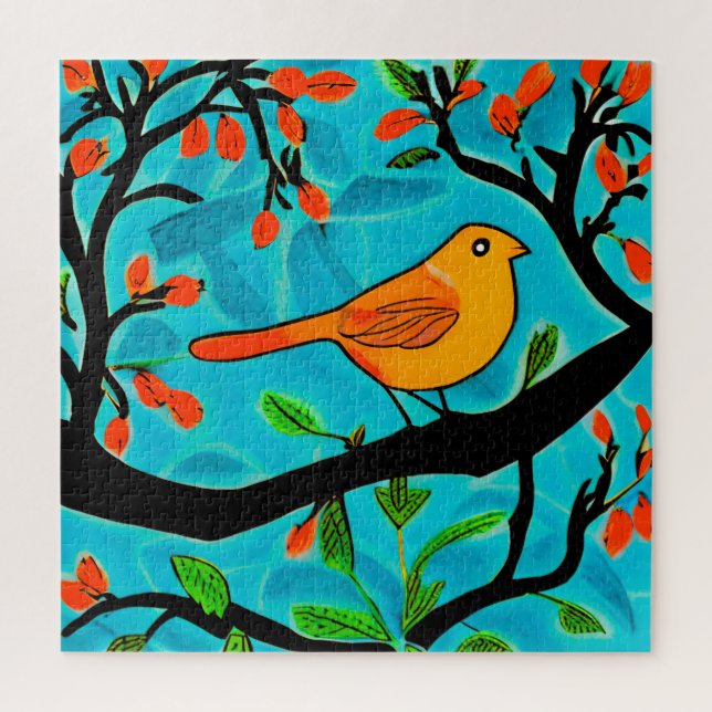Little Orange Bird on a Flowering Branch Jigsaw Puzzle (Vertical)