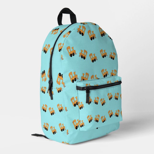 Little orange trains pattern on blue printed backpack (Back Corner Left)
