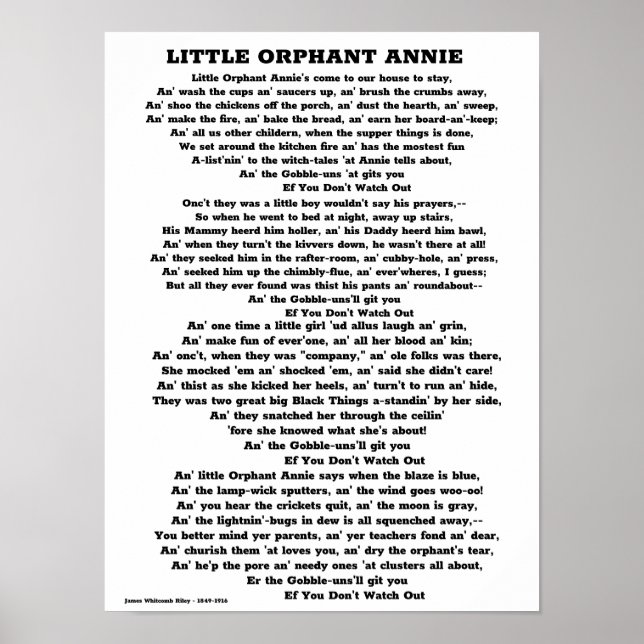 LITTLE ORPHANT ANNIE POEM POSTER (Front)