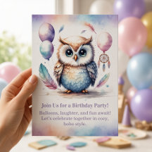 Little Owl Birthday Invitation Woodland Boho 