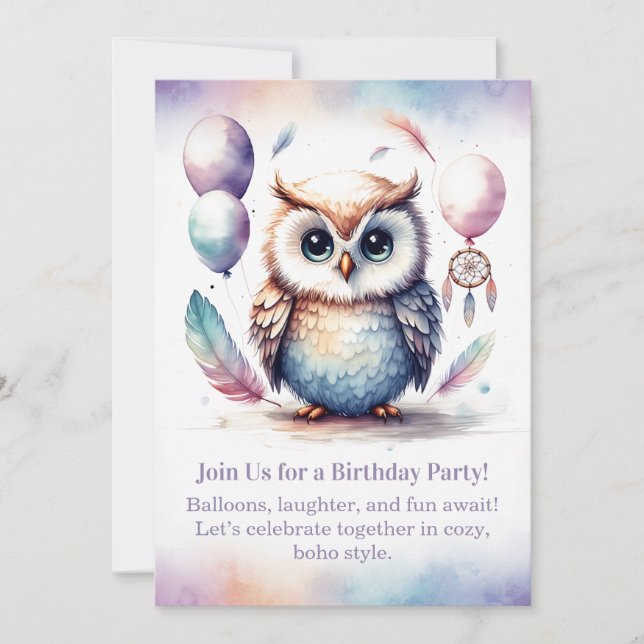 Little Owl Birthday Invitation Woodland Boho  (Front)