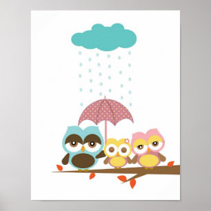 Little owl girl with mum dad under umbrella poster