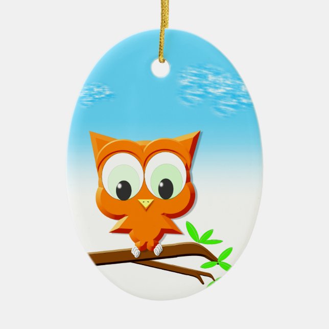 Little Owl on a Branch Ceramic Tree Decoration (Front)