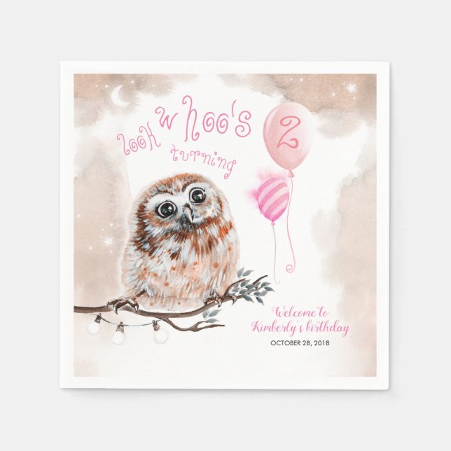 Little Owl Pink Blush Watercolors Birthday Napkin (Front)