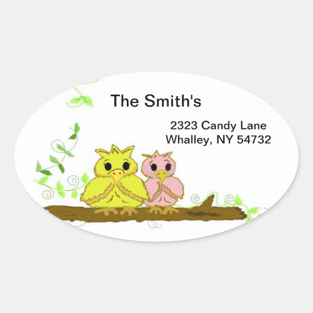 Little Owls on a Branch Oval Sticker (Front)