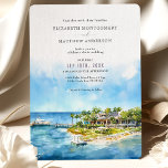 Little Palm Island Resort Florida Wedding Invitation<br><div class="desc">Transport your guests to a tropical paradise with this breathtaking watercolor wedding invitation. The design showcases a stunning illustration of a luxurious Florida Keys resort, complete with swaying palm trees, crystal-clear turquoise waters, and a coastal ambiance. The elegant and classic typography is set against a soft blue watercolor wash, perfectly...</div>
