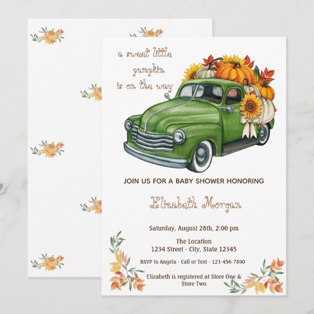 Little Pampkin,Truck Sunflower Autumn Baby Shower  Invitation (Front/Back)