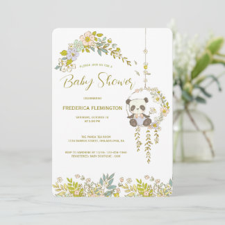 Little Panda In A Flower Swing Baby Shower Invitation