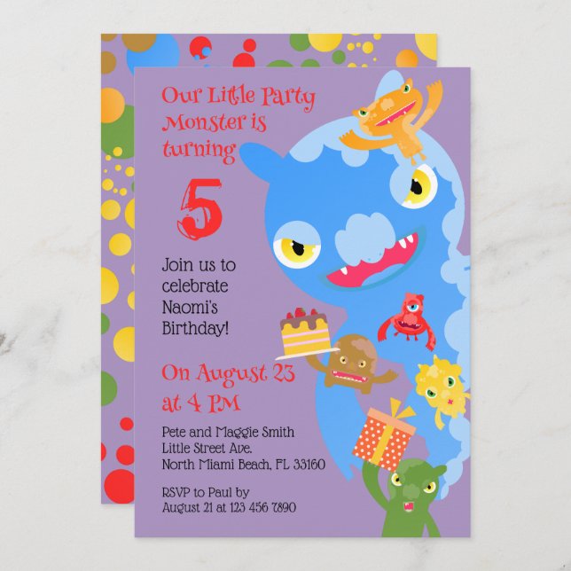 Little Party Monster and confetti Birthday Party Invitation (Front/Back)