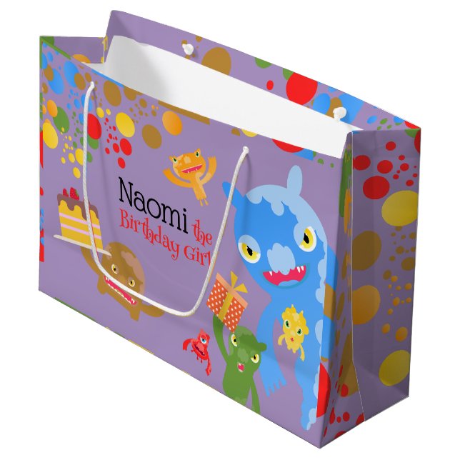 Little Party Monster and confetti Birthday Party Large Gift Bag (Front Angled)